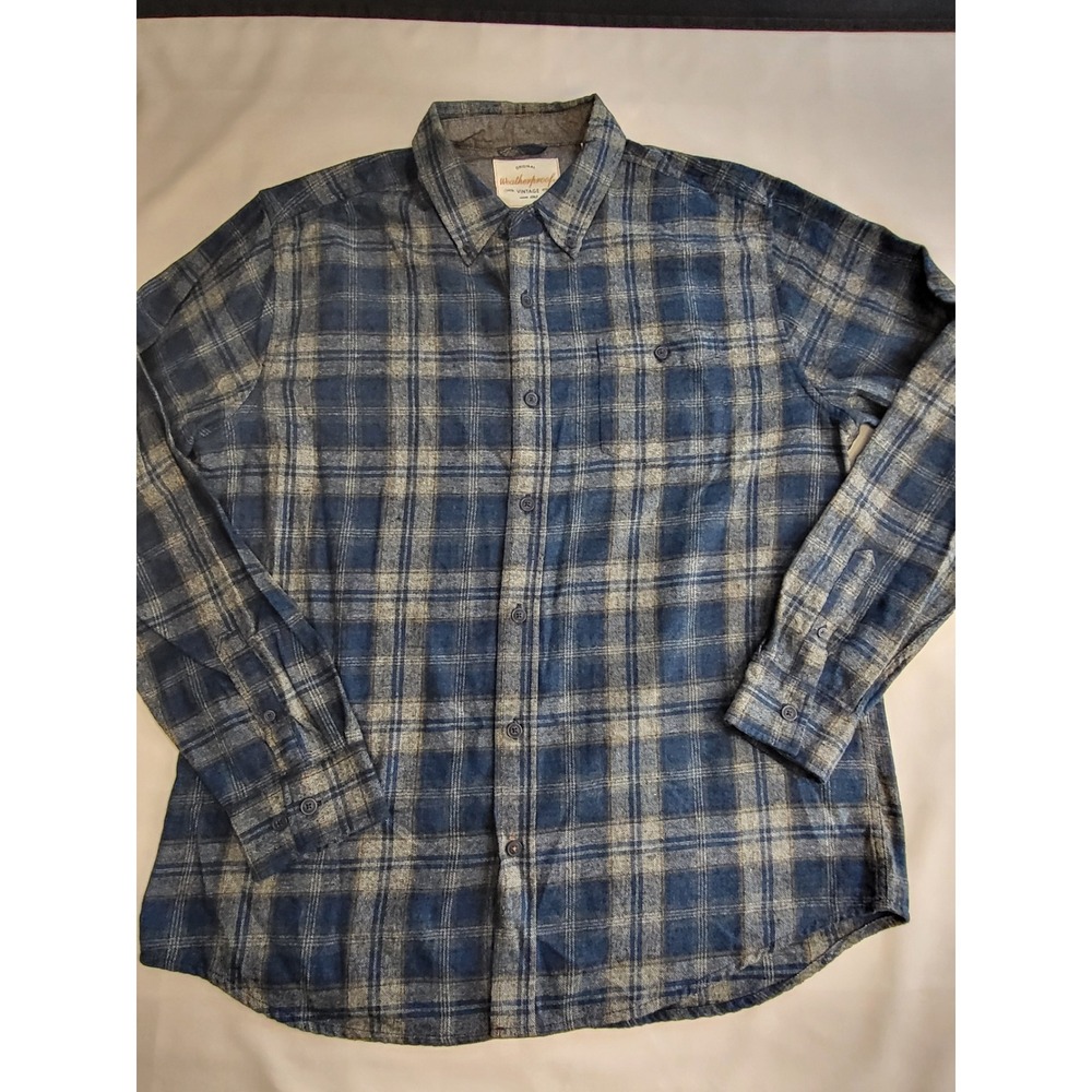 Weatherproof Vintage Mens XL Blue Grey Plaid Flannel Button Down Shirt